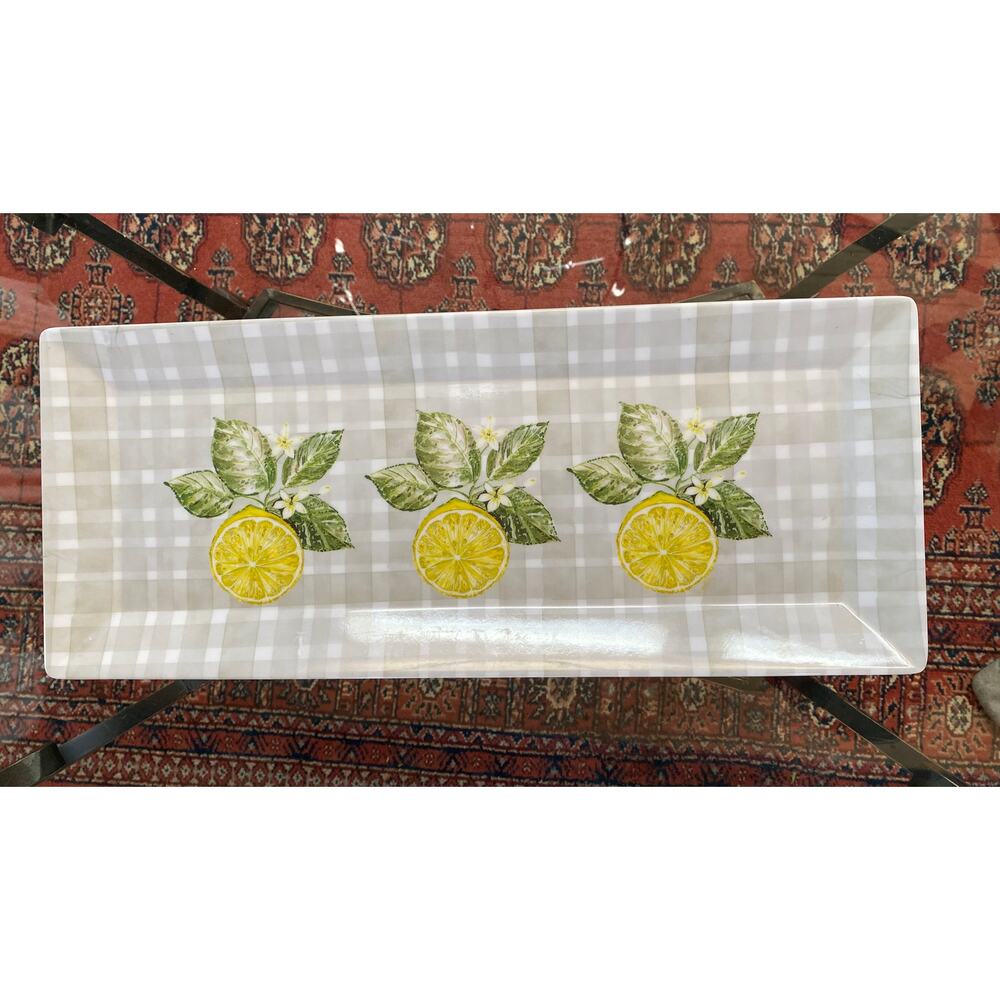 Citrus Grove Lemons on Gray Plaid Melamine Tray ~19”x8”‎